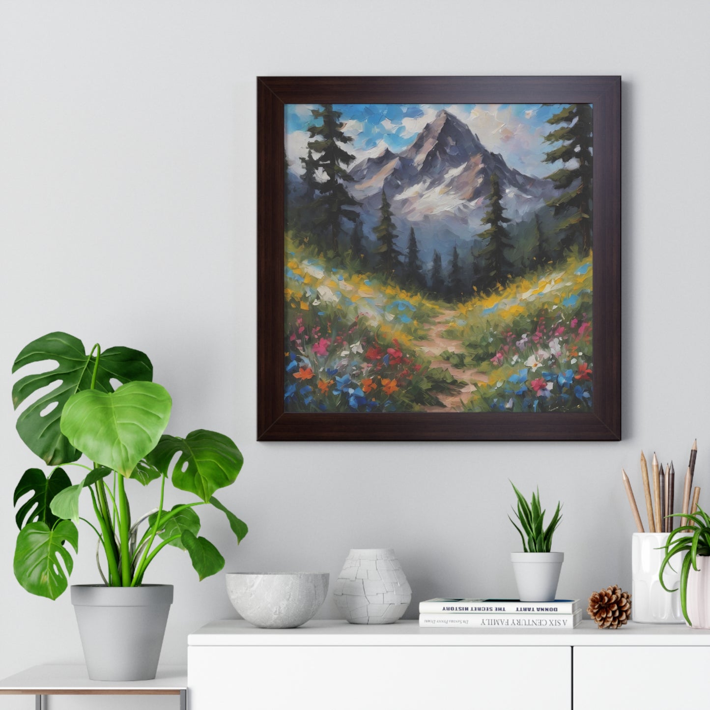 Nature inspired Mountain view oil painting,  Mountain meadow wall art, Nature inspired wall art, Floral meadow oil painting, Wilderness art