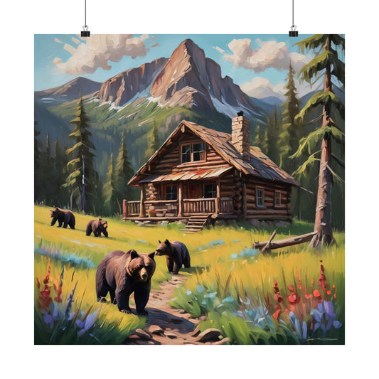 Mountain cabin with bears wall art, Rustic cabin and bears poster, Country cabin with bears wall art, Wilderness wall art, Nature wall art