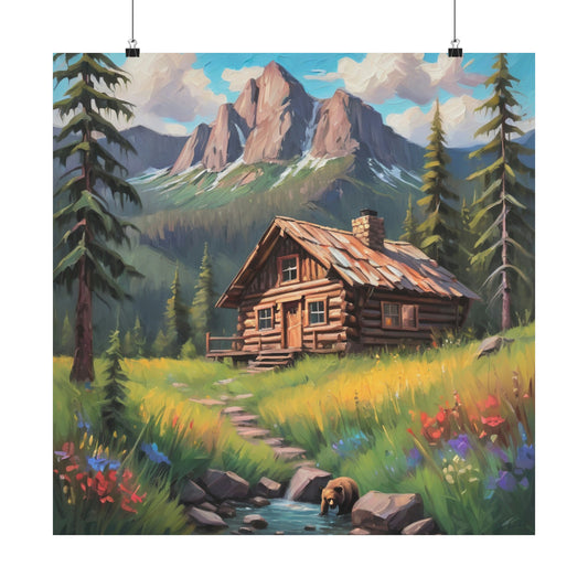 Rustic Mountain Cabin with bear Poster, Poster of rustic mountain cabin, Mountain cabin and bear print, Nature inspired print